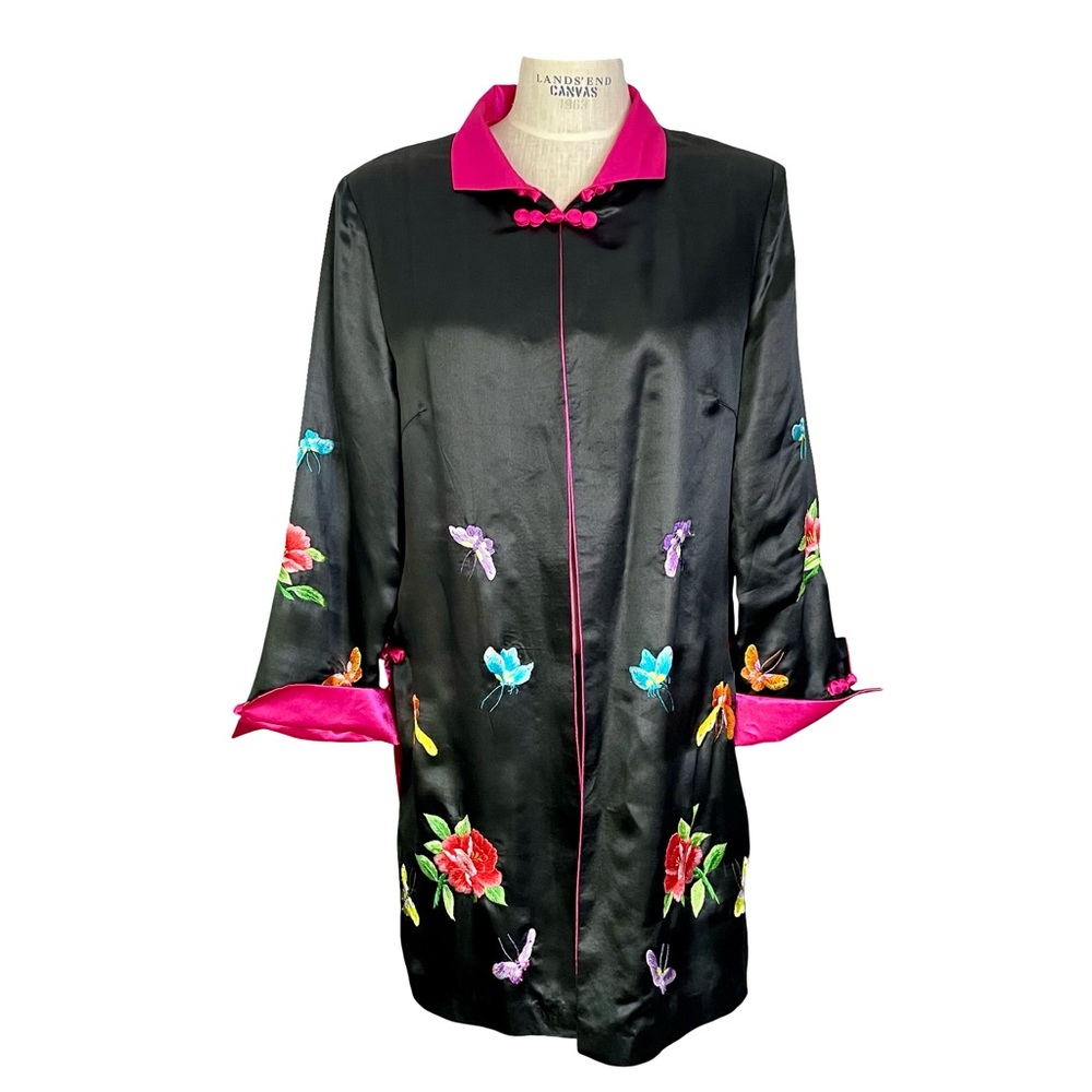 Ami Amie Black Nature Inspired Embroidered Silky-soft Kimono Robe Jacket SzXL? - Picture 2 of 11